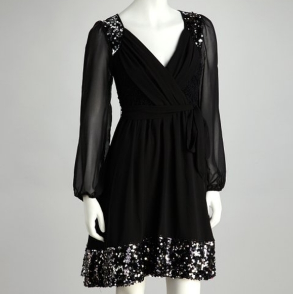 NWT!Flora Paris Womens Black Sequin Surplice Dress - Picture 1 of 9